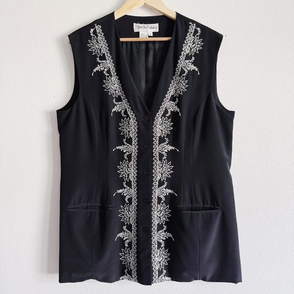 80s vintage black embroidered silk vest